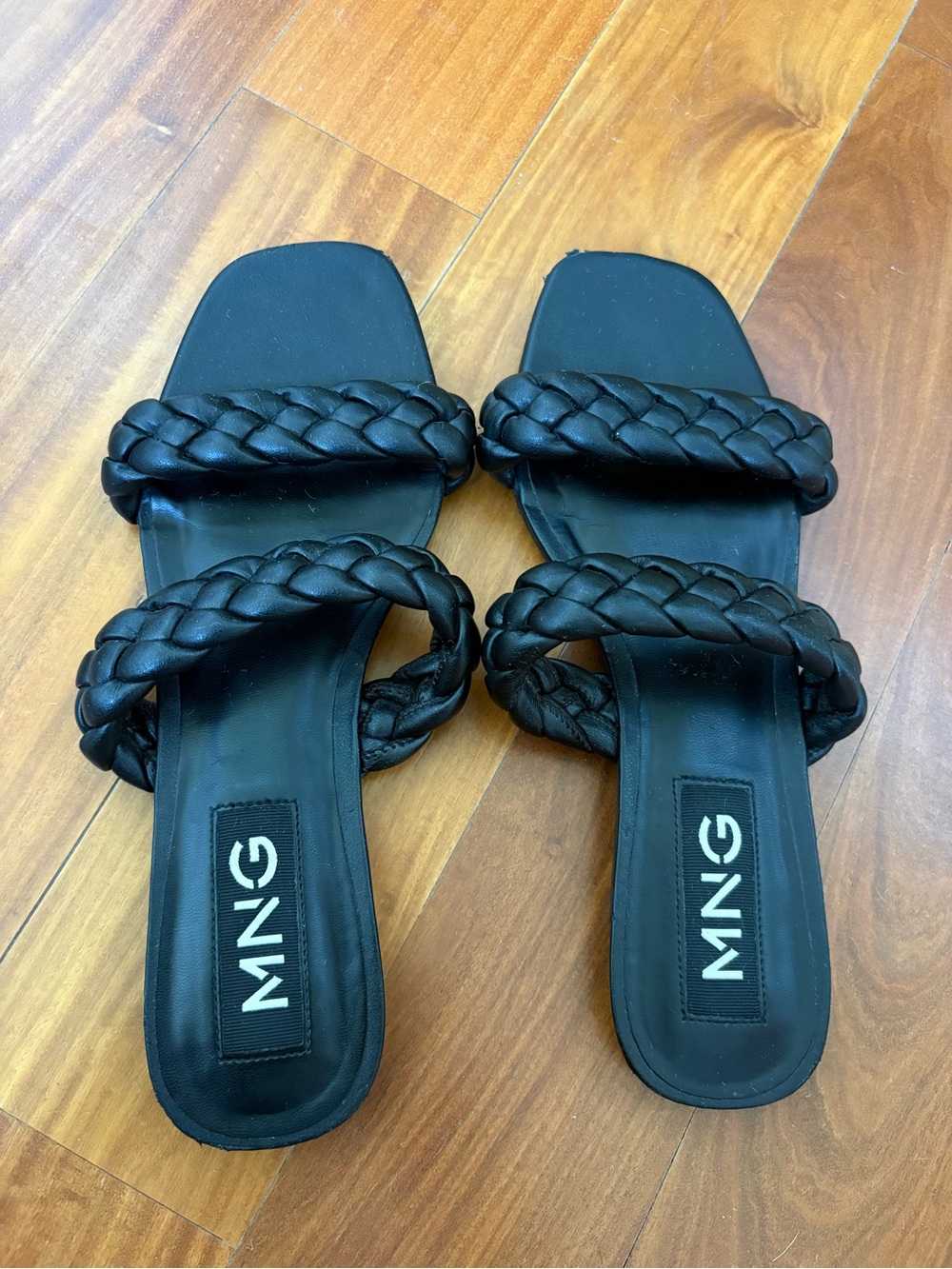 Mango Black Braided Double-Strap Slide Sandals